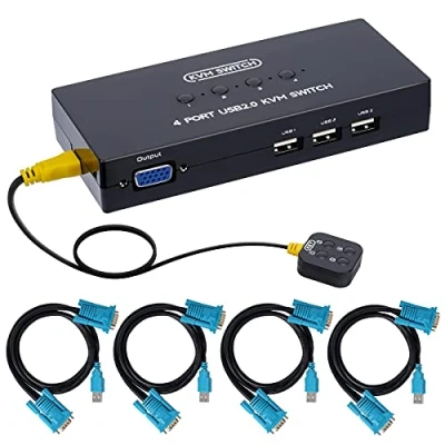 Image of DGODRT VGA KVM Switch 4 Port, Box Adapter Computer Share 1 monitor and 3 USB Devices, Mouse Keyboard Scanner Printer, Cables included