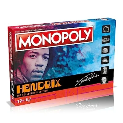 Image of Jimi Hendrix Monopoly Board Game, Advance to Band of Gypsys, Electric Ladyland and Axis Bold as love, expand your empire trade way victory, gift for players aged 8 plus