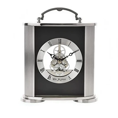 Image of Widdop Silver &amp; Black Mantel Clock with Skeleton Movement and Brushed Aluminium Frame