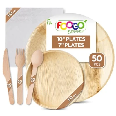 Image of FOOGO Green 300pcs Disposable Palm Leaf Plates Wooden Cutlery Set and White Napkins, FSC® Certified, 50x Large Round Plates, Small Side Forks, Knives, Spoons, Napkins