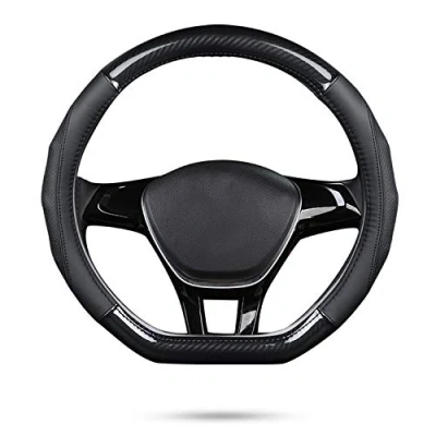 Image of Ergocar Car Steering Wheel Cover Non slip Protector Sport D shape Carbon Fiber &amp; First Layer Cowhide Universal For Diameter 38cm(15&quot;) (D Black)