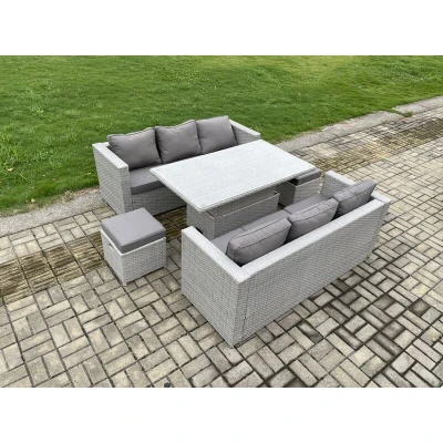 Image of Outdoor Rattan Garden Funiture Set Height Adjustable Rising Lifting Table Sofa Dining with 2 Small Footstools Fimous