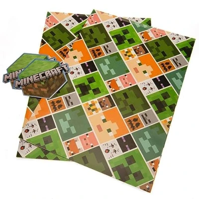 Image of Official Minecraft Gift Wrap 2 Sheets Tags, for Presents, Climate Pledge Friendly Wrap, Recyclable Officially Licensed
