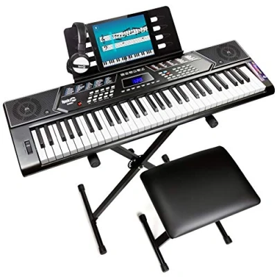 Image of Rockjam RJ5061RockJam 61 Key Keyboard Piano With Pitch Bend Kit, Stand, Bench, Headphones, Simply App &amp; Keynote Stickers, Black