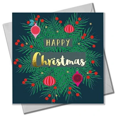 Image of Christmas Card, Fir Wreath and Baubles, text foiled in shiny gold