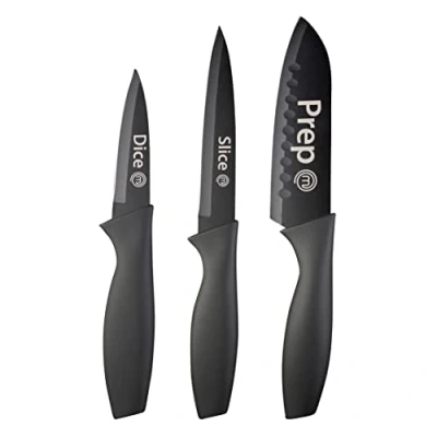 Image of MasterChef Knife Set of 3 For Kitchen (Chef, Paring &amp; Utility) Professional, Extra Sharp, Stainless Steel Blades With Non Stick Coating Soft Touch Grip, Essential Collection Piece, Black