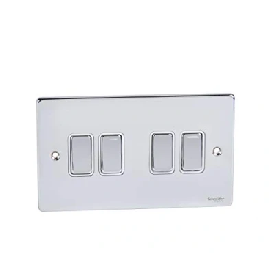 Image of Schneider Electric Ultimate Low Profile 4 Gang Rocker 2 Way Light Switch, 16AX, GU1542WPC, Polished Chrome with White Insert