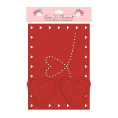 Image of Love Heart Cutout Valentine&#039;s Red Felt Placemat &amp; Coaster Set Pack of 4