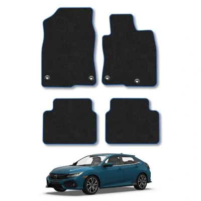 Image of Car Mats Compatible with Honda Civic (2017+) Tailored Fit Blue Trimmed Carpet Floor Mat Set Accessory Black Custom Fitted 4 Pieces Clips Anti Slip Backing &amp; Trim Edging