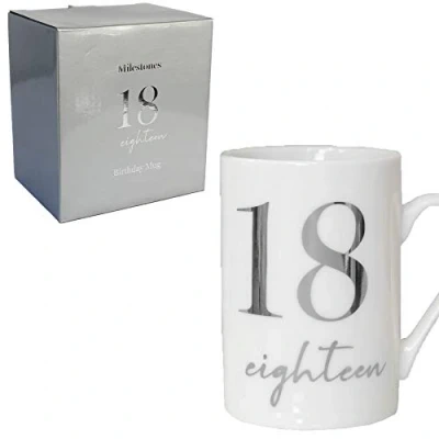 Image of Widdle Gifts Ltd White Bone China Mug with Silver Foil Number 18th Eighteen Birthday