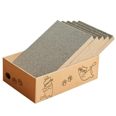 Image of Cat Scratching Board with Box, 5 Layers Design Pad, Corrugated Scratch Bed for Indoor Kitty, in 1 Replacement Cardboard Refill Pad