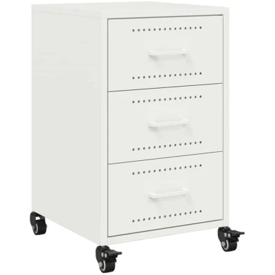 Image of vidaXL Bedside Cabinet White Steel Nightstand with Wheels &amp; Handle, Ample Storage, 36x39x59 cm for Bedroom