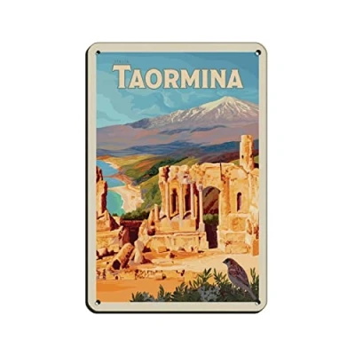 Image of AZOLID Metal Signs Italy Taormina Travel Tin Wall Art Poster for Home Bar Cafe Garage Bathroom 30x20CM