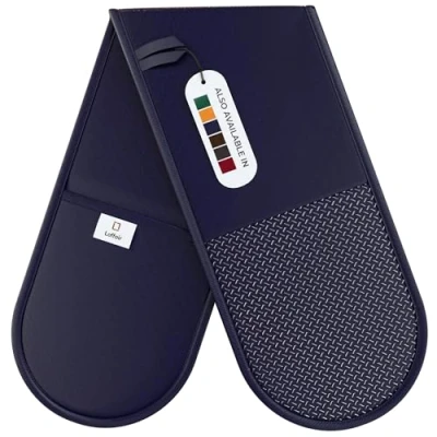 Image of Navy Oven Gloves Double by Laffair® Heat Resistant Blue Kitchen Accessories Non Slip Silicon Grip