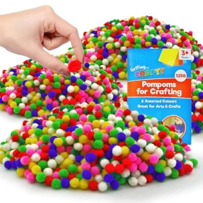 Image of 1250pcs Mini Pom Poms for Crafting 8mm Assorted Colours Pompoms Green, White, Yellow, Pink, &amp; Red Small Craft Balls Pompom Supplies