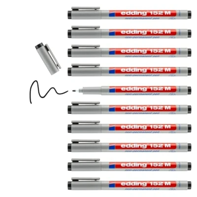 Image of edding 152 M non permanent pen black 10 pens round nib 1 mm for writing on glass, plastic, foils and smooth surfaces quick drying, can be corrected with water
