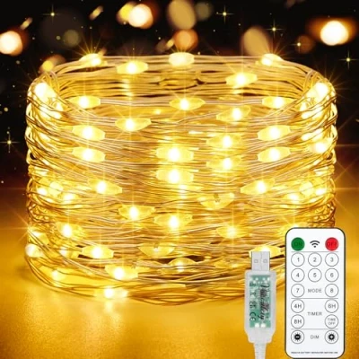 Image of Vacoulery Fairy Lights Plug in, 15M USB with 8 Modes Waterproof Indoor Copper String Remote Control Timer for Bedroom Party Wedding Christmas Decoration