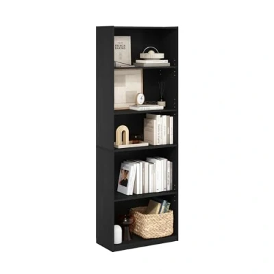 Image of Furinno Gehry 5 Tier Bookcase, Bookshelf with Adjustable Shelves, Blackwood