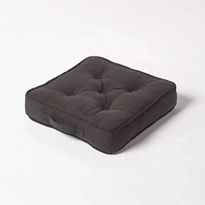 Image of HOMESCAPES Rajput 100% Cotton Floor Cushion Black 40 x 8 cm Square Indoor Garden Dining Chair Booster Seat Pad