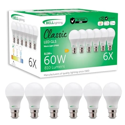 Image of Bell Lighting B22 Bayonet Light Bulb LED GLS 6 Pack Warm White 2700K 810 Lumen 8.1 Watts Energy Saving 60W Halogen Equivalent Non Dimmable