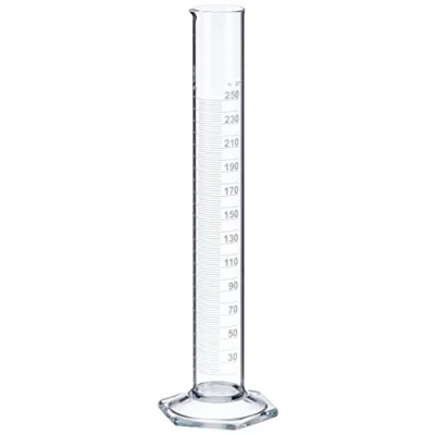 Image of NeoLab E 1267 Measuring Cylinder, Tall pattern, Hex Foot, Class B Borosilicate Glass, 250 ml