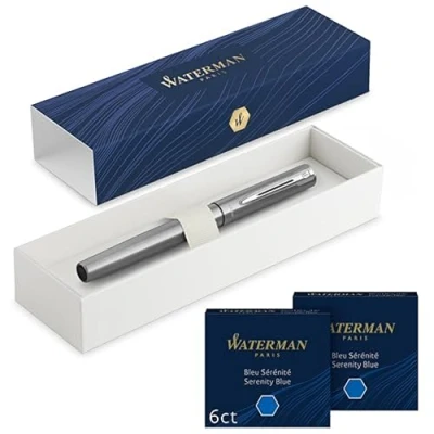 Image of Waterman Allure Fountain Pen Chrome Fine Nib with 12 Short Blue Ink Cartridges Gift Box