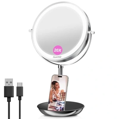 Image of Auxmir Makeup Mirror with Lights, 8in 1X/10X Magnifying Rechargeable LED Mirror, 3 Colors Dimmable 360 Double sided Touch Screen, Freestanding Cosmetic for Bathroom, Bedroom