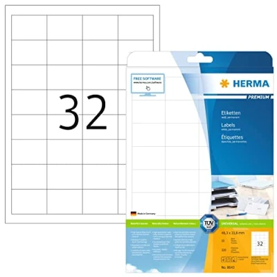 Image of HERMA Self Adhesive Multipurpose Labels, 32 Labels per A4 Sheet, 10 Sheets, 48.3 x 33.8 mm, 320 Blank Universal Stickers, Sticky for Laser &amp; Inkjet Printer, White