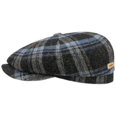 Image of Stetson Hatteras Shadow Plaid Flat Cap Women/Men Newsboy Wool with Peak, Lining Winter Autumn L (58 59 cm) Blue