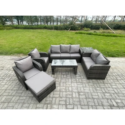 Image of 8 Seater Outdoor Rattan Garden Furniture Set Patio Lounge Sofa with Rectangular Coffee Table Big Footstool Side Dark Grey Mixed Fimous