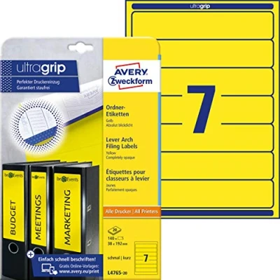 Image of Avery Zweckform, L4765 20, Filing Labels, 20 Sheets, for Slim Ring Binders, like Leitz, Elba, Esselte, Mehle, Herlitz, Bene, 192 x 38 mm