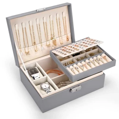 Image of Pystuvo Jewellery Box for Women, 2 Layer Large Organiser with Watch Pillows, PU Leather, Travel Earrings Rings Necklaces Watches Bracelets,Grey