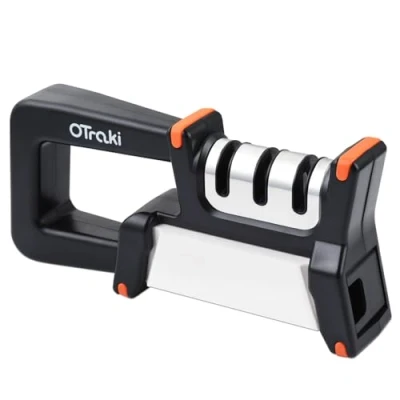 Image of OTraki Knife Sharpening, 4 in 1 &amp; Scissor Sharpeners, Removable Replacement Grinding Stone, Manual Sharper with Non Slip Base, Stainlessl, for Various Blunt Knives, Black