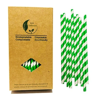 Image of Green and White Striped Paper Straws, 100 Pack Biodegradable Disposable Stripes Drinking Straws for Christmas Cocktail Party