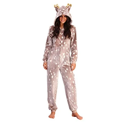 Image of Evotex Trading Ladies/Girls Fleece Brown Reindeer Onesie All in One Jumpsuit Pyjamas Costume Outfit Size Large (16 18)