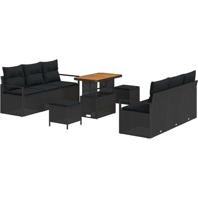Image of vidaXL Garden Sofa Set with Cushion Pillow 9 pcs Black Poly rattan