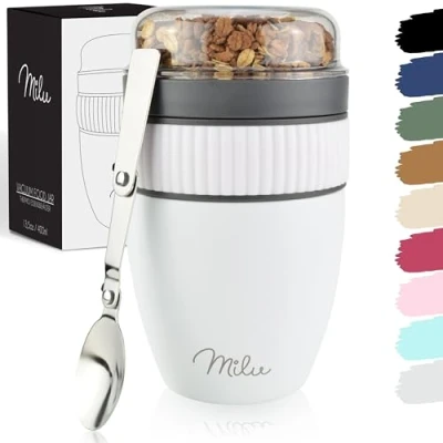 Image of Milu Cereal Cup to go 400ml I Insulated Yoghurt for muesli Leak Proof with Spoon Yoghurt/Porridge (White)