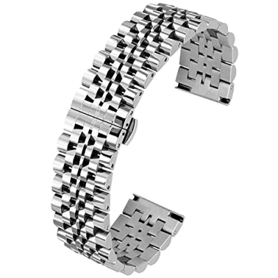 Image of 5 Colors for Flexible Watch Strap Polished 7 Rows 20mm 22mm Stainless Steel Band Quick Release Metal Bracelet Deployment Clasp (22mm, Silver)