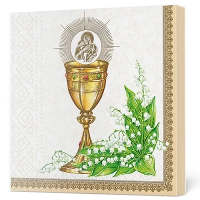 Image of Maki 3Ply First Communion Napkins Decoupage Tissue Paper Serviettes 33cm x Pack of 20 (Chalice with Lilies The Valley Gold)
