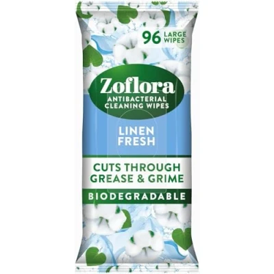 Image of Zoflora Linen Fresh Biodegradable Wipes, Antibacterial Multi surface Cleaning Kills 99,9% of Bacteria &amp; Viruses, Convenient, Quick Cleaning, 1 Pack (96 Sheets)