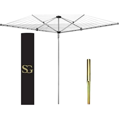Image of SG Traders 4 Arm 45m Rotary Washing Line Outdoor, Heavy Duty Large Clothes Rotating Airer Dryer Garden use, Easy to Open and Close along with Ground Spike Cover, Silver (45m)