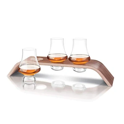 Image of Final Touch Whiskey Flight Tasting Set of 3 Lead Free Crystal Glasses with Walnut and Aspen Wood Levitation Stand DuraShield Titanium Reinforced Handcrafted (LFG4133)