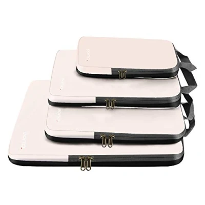 Image of Eono Compression Packing Cubes, Luggage Organiser Set, Extensible Suitcase Organiser, Organisers for Suitcases, Cubes Travel or Home Storage Beige, 4 Set