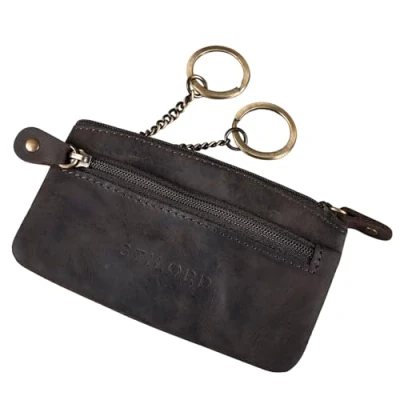 Image of STILORD &#039;Theo&#039; Leather Key Pouch for Men Vintage Case Holder with Ring Slim Coin Purse Cash Change Wallet Money RFID Blocker, Colour:Dark Brown