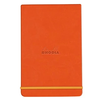 Image of RHODIA 194368C Rigid Notebook Webnotepad Tangerine A6 Ruled 192 Detachable Pages Ivory Clairefontaine Paper 90 g/m Bookmark, Elastic Closure Faux Leather Cover Rhodiarama