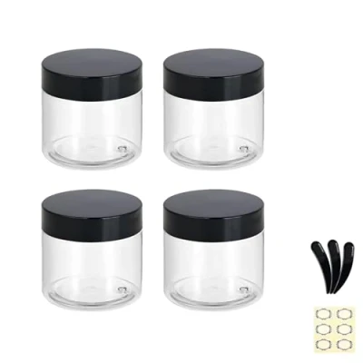Image of Apstaqeoo 4PCS 150ML Empty Plastic Jars With Black Lids, Clear Round Face Cream Cosmetic Container Travel Storage Jar Inner Liners for Body Scrub/Lotion/Powder/Ointment/Salves/Sample/Makeup