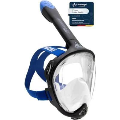 Image of CRESSI Java Full Face Mask Black/Blue L/XL Unisex Snorkel Mask, Ultra Clear Anti Fog Lens, 100% Silicone, Dry with Safety Valves, Black/Blue,