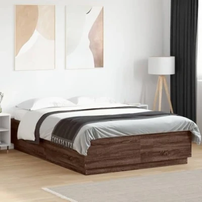Image of vidaXL King Size Engineered Wood Bed Frame 150x200 cm with RGB LED Lighting Brown Oak Finish, Sturdy Plywood Slats, USB Controlled LEDs