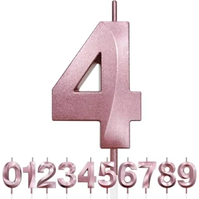 Image of Number 4 Birthday Candles, 3D Design Rose Gold Glitter Happy Cake Topper Decorations, Candle for Party, Wedding Anniversary 1pc (Pink Gold)