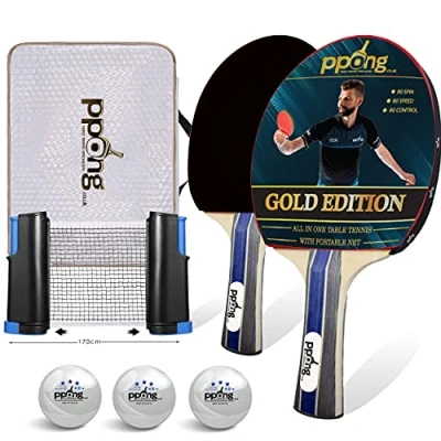 Image of PPong co uk Table Tennis Set All in One Kit with Retractable Ping Pong Net for Any Table, Bats, Premium 3 Star Balls &amp; Luxury Storage Case